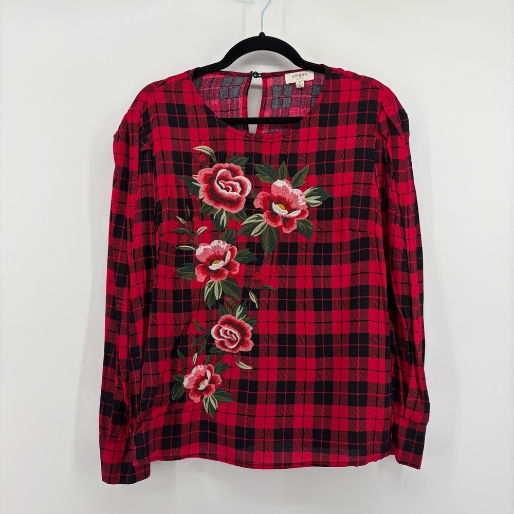 Umgee Red Black Plaid Floral Embroidered Long Sleeve Blouse Size Small